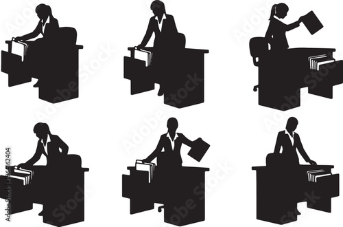 Black Solid Businesswomen Placing File Drawer Silhouettes Set of Six on White Background