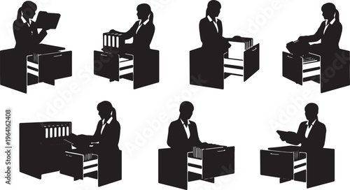 Black Solid Businesswomen Placing File Drawer Silhouettes Set of Six on White Background