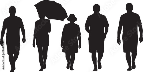 Black Solid Barefoot Beach Walking Silhouettes Set of Six on White Background