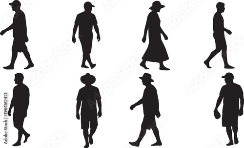 Black Solid Barefoot Beach Walking Silhouettes Set of Six on White Background