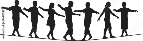 Black Solid Barefoot Tightrope Walking Silhouettes Set of Six on White Background