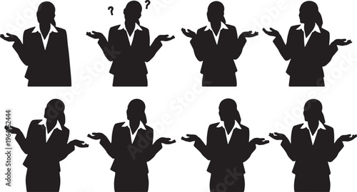 Black Solid Businesswomen Shrugging Negotiation Silhouettes Set of Six on White Background