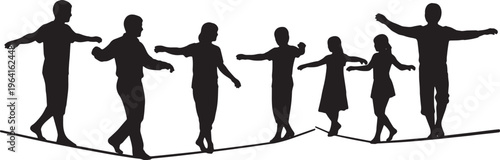 Black Solid Barefoot Tightrope Walking Silhouettes Set of Six on White Background
