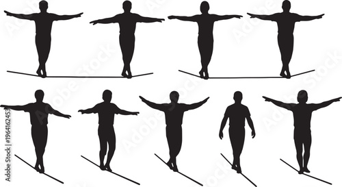 Black Solid Barefoot Tightrope Walking Silhouettes Set of Six on White Background
