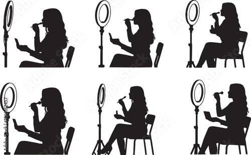 Black Solid Beauty Vlogger Ring Light Setup Silhouettes Set of Six on White Background