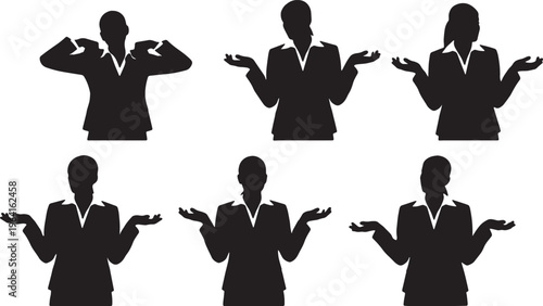 Black Solid Businesswomen Shrugging Negotiation Silhouettes Set of Six on White Background