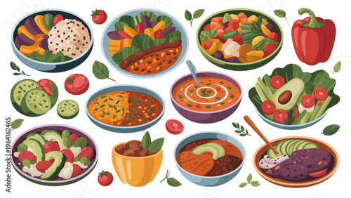 Assorted colorful plates of traditional italian pasta dishes and appetizers Vector