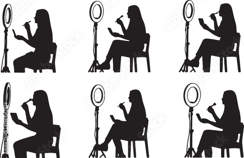 Black Solid Beauty Vlogger Ring Light Setup Silhouettes Set of Six on White Background