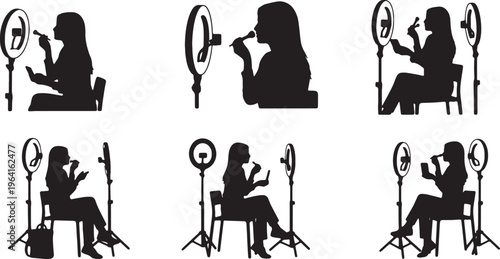 Black Solid Beauty Vlogger Ring Light Setup Silhouettes Set of Six on White Background