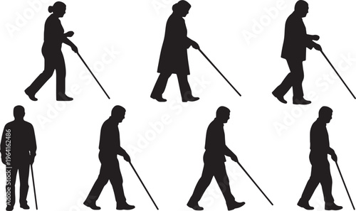 Black Solid Blind Cane Walking Silhouettes Set of Six on White Background