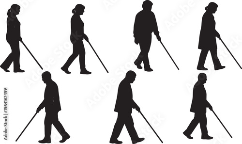 Black Solid Blind Cane Walking Silhouettes Set of Six on White Background