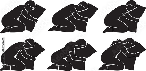 Black Solid Body Pillow Hugging Sleeping Silhouettes Set of Six on White Background