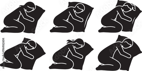 Black Solid Body Pillow Hugging Sleeping Silhouettes Set of Six on White Background