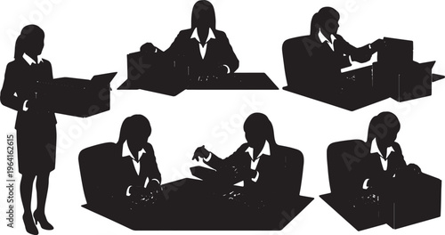 Black Solid Businesswomen Unboxing New Keyboard Silhouettes Set of Six on White Background
