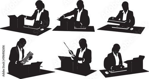 Black Solid Businesswomen Unboxing New Keyboard Silhouettes Set of Six on White Background