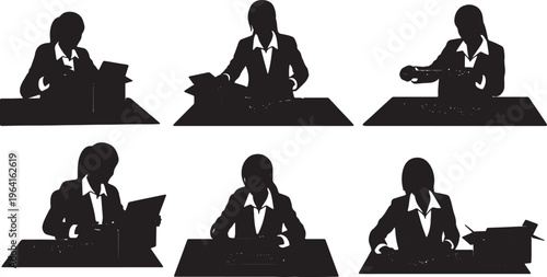 Black Solid Businesswomen Unboxing New Keyboard Silhouettes Set of Six on White Background