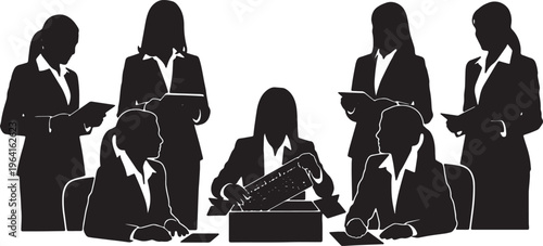 Black Solid Businesswomen Unboxing New Keyboard Silhouettes Set of Six on White Background