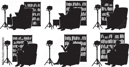 Black Solid Book Reviewer Bookshelf Setup Silhouettes Set of Six on White Background