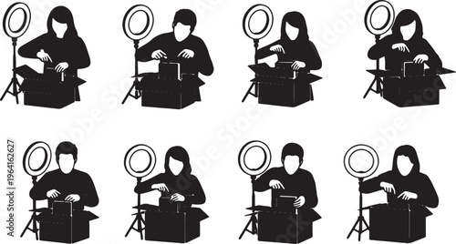 Black Solid Booktuber Unboxing Novel Ring Light Silhouettes Set of Six on White Background