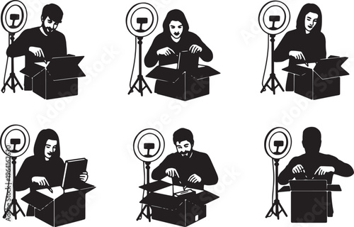 Black Solid Booktuber Unboxing Novel Ring Light Silhouettes Set of Six on White Background