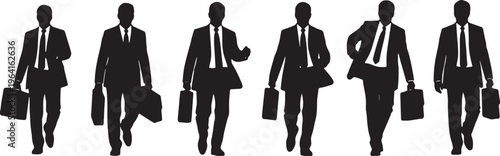 Black Solid Business Commuter Walking Silhouettes Set of Six on White Background