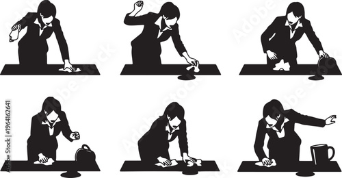 Black Solid Businesswomen Wiping Spilled Coffee Silhouettes Set of Six on White Background
