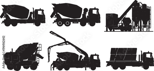 Black Solid Different Types of Cement Mixer Silhouettes Set of Six on White Background