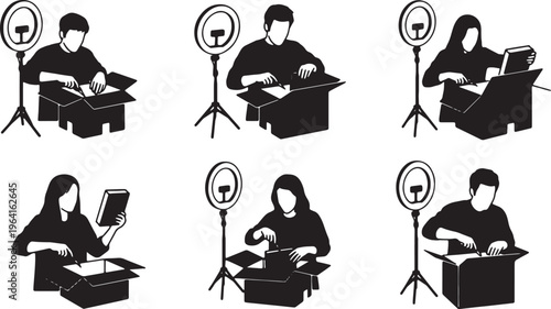 Black Solid Booktuber Unboxing Novel Ring Light Silhouettes Set of Six on White Background