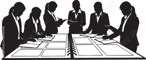 Black Solid Businesswomen Writing Notes Planner Silhouettes Set of Six on White Background