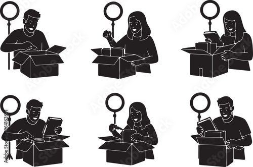 Black Solid Booktuber Unboxing Novel Ring Light Silhouettes Set of Six on White Background