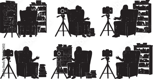 Black Solid Book Reviewer Bookshelf Setup Silhouettes Set of Six on White Background