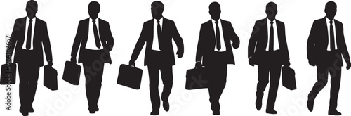 Black Solid Business Commuter Walking Silhouettes Set of Six on White Background