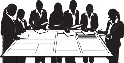 Black Solid Businesswomen Writing Notes Planner Silhouettes Set of Six on White Background