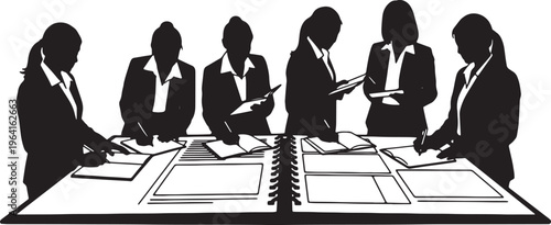 Black Solid Businesswomen Writing Notes Planner Silhouettes Set of Six on White Background