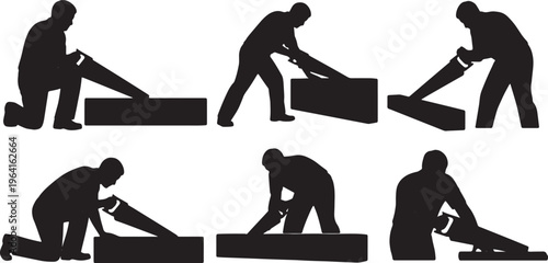 Black Solid Cabinet Maker Hand Saw Role Silhouettes Set of Six on White Background