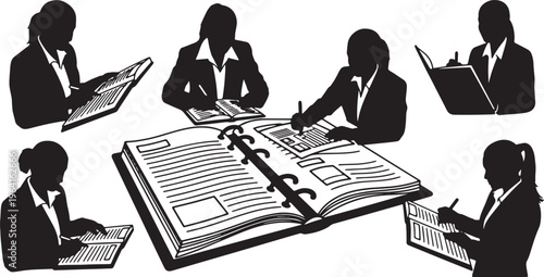 Black Solid Businesswomen Writing Notes Planner Silhouettes Set of Six on White Background
