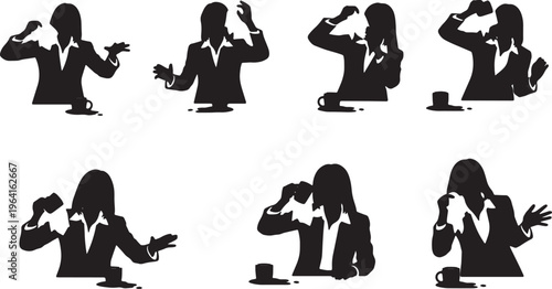 Black Solid Businesswomen Wiping Spilled Coffee Silhouettes Set of Six on White Background
