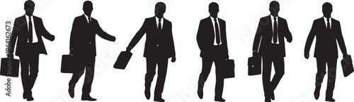 Black Solid Business Commuter Walking Silhouettes Set of Six on White Background