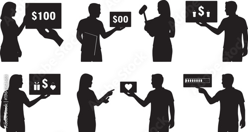 Black Solid Charity Goal Silhouettes Set of Six on White Background