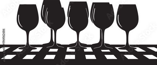 Black Solid Checkered Tablecloth Wine Glasses Silhouettes Set of Six on White Background
