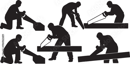 Black Solid Cabinet Maker Hand Saw Role Silhouettes Set of Six on White Background