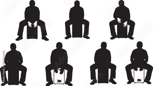 Black Solid Cajon Drum Acoustic Sitting Silhouettes Set of Six on White Background