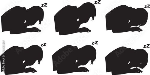 Black Solid Cheek Hand Storybook Sleeping Silhouettes Set of Six on White Background