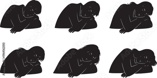 Black Solid Cheek Hand Storybook Sleeping Silhouettes Set of Six on White Background