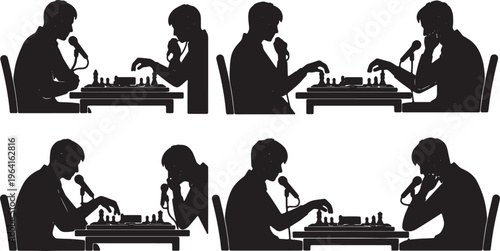 Black Solid Chess Streamer Board Microphone Silhouettes Set of Six on White Background