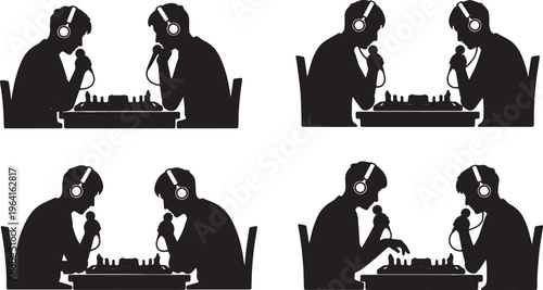Black Solid Chess Streamer Board Microphone Silhouettes Set of Six on White Background
