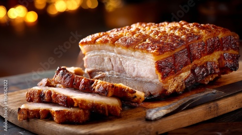 Crispy Roasted Pork Belly with Golden Crackling in a Rustic Setting