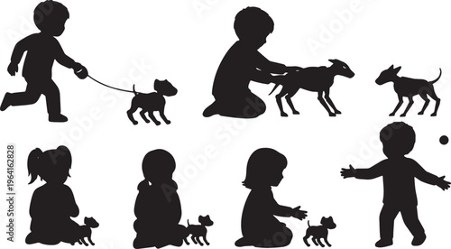 Black Solid Child Playing With Robotic Pet Silhouettes Set of Six on White Background