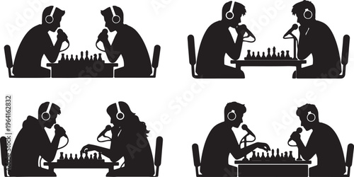 Black Solid Chess Streamer Board Microphone Silhouettes Set of Six on White Background