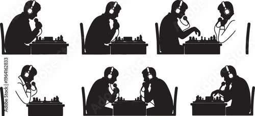 Black Solid Chess Streamer Board Microphone Silhouettes Set of Six on White Background